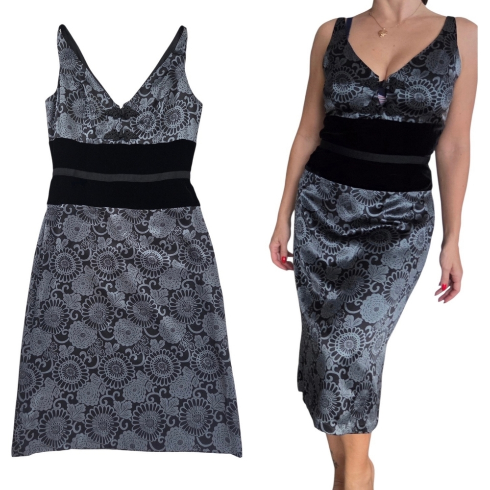Anthropologie Tabitha Silk Midi Dress Sz 8 Gray Black Velvet‎ Waist Asian Floral